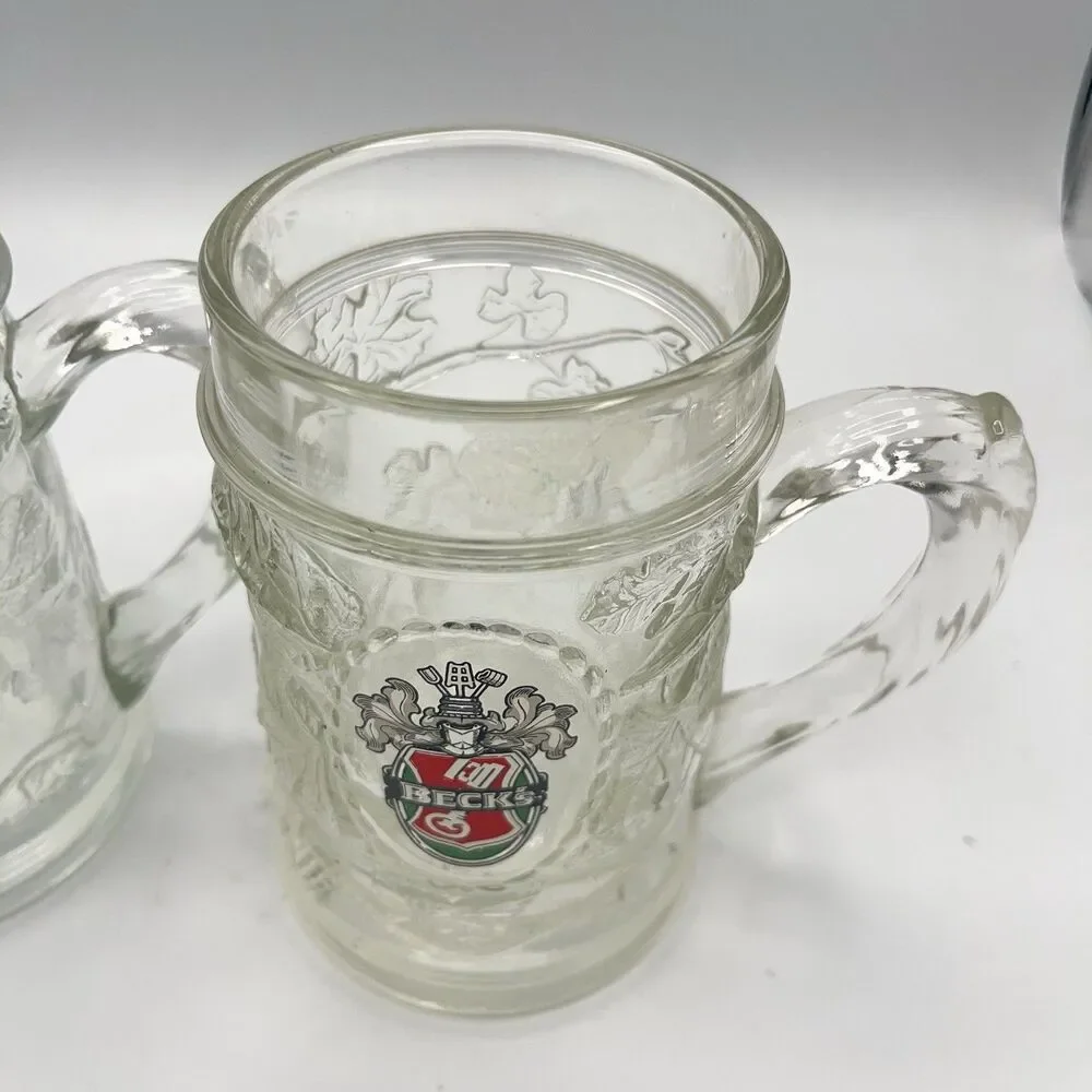 Becks Beer Heavy Thick Glass Mug Stein Grape Leaf Design Germany Set Of 2